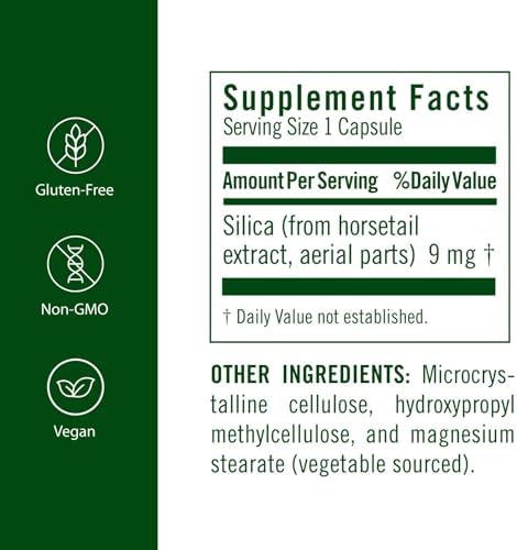 Flora FloraSil silica supplement with horsetail extract showing supplement facts label and directions