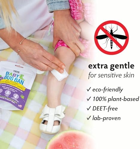 Back label of YAYA ORGANICS non-toxic insect wipes showing plant-based ingredients and usage instructions.