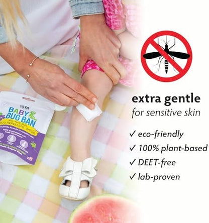 Back label of YAYA ORGANICS non-toxic insect wipes showing plant-based ingredients and usage instructions.