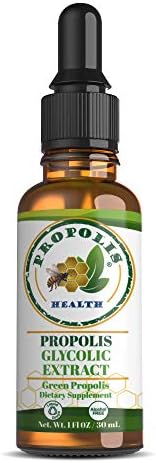 Green propolis extract supplement bottle showing alcohol free features