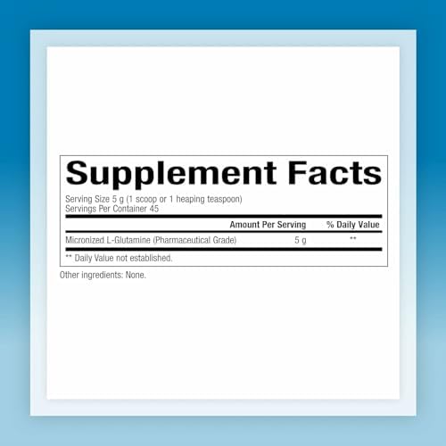 Natural Factors Micronized L Glutamine powder jar showing clear directions for use and recommended daily scoop dosage