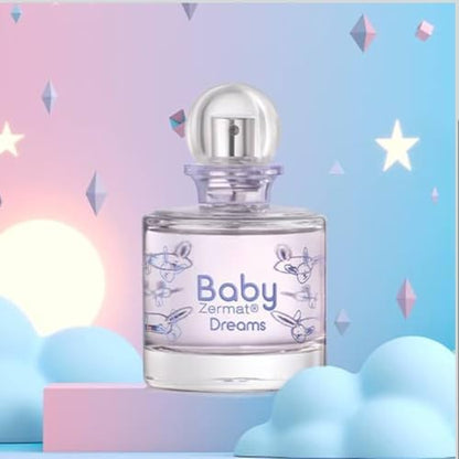 Zermat Baby Dreams gentle floral baby perfume packaging showing violet and almond scent ingredients