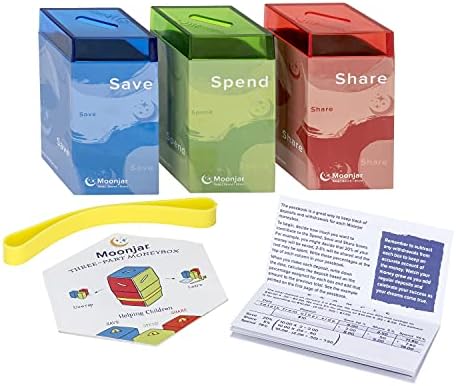 Moonjar retro tin bank set with the included transaction tracking passbook laid out on a table.