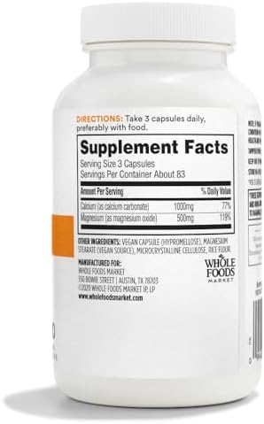 365 by Whole Foods Market calcium and magnesium supplement facts and ingredient label