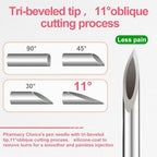 Ultra thin 32 gauge insulin needle tip detail for comfortable injections