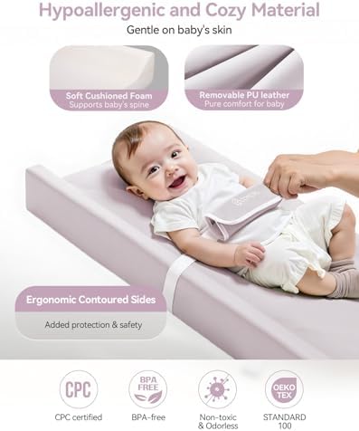 Waterproof polyurethane cover of the Comomy infant changing pad being wiped clean with a damp cloth.