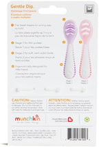 Authentic USA-imported Munchkin multistage infant spoons in vibrant coral and purple colors.