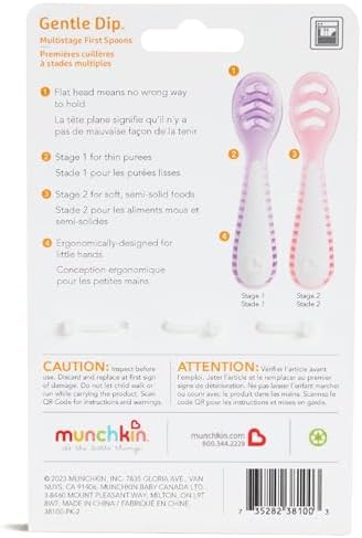 Authentic USA-imported Munchkin multistage infant spoons in vibrant coral and purple colors.