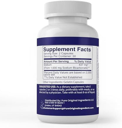 Pure Original Ingredients Sodium Bicarbonate easy to swallow zero filler health supplement capsules layout.