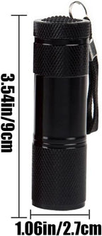 Huazexinx mini ultraviolet torch showcasing the compact knurled aluminum alloy body and wrist strap.