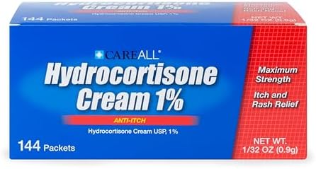 CareAll hydrocortisone cream packets showing drug facts and instructions