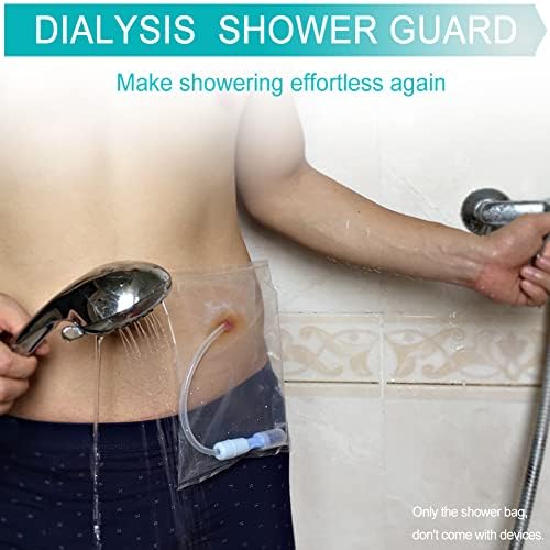 Clear medical adhesive shower pouch protecting a peritoneal dialysis line on skin