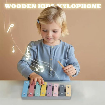Close up view of the durable brightly colored keys on the baby development xylophone.