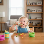 Close up of the textured non slip handle on the PandaEar infant training spoon.