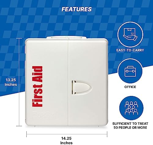 Portable first aid cabinet being carried by the integrated handle for emergency response.