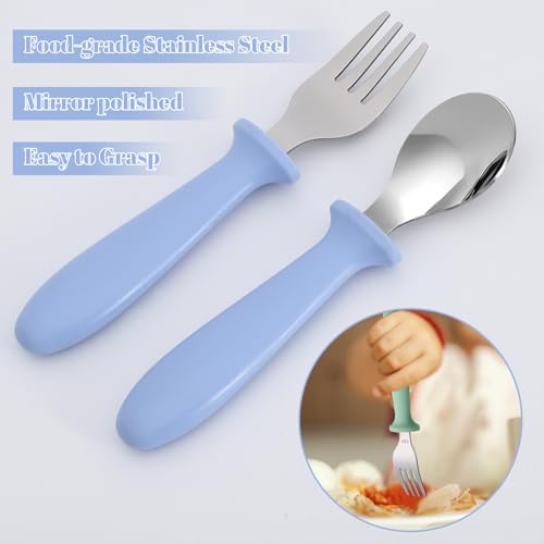 Toddler self-feeding utensils with colorful handles