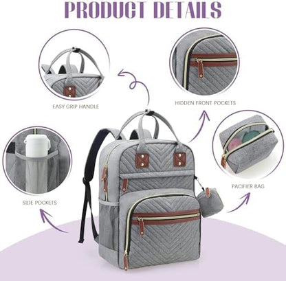 Tuwubi diaper backpack attached to a baby stroller handlebar using integrated stroller straps.