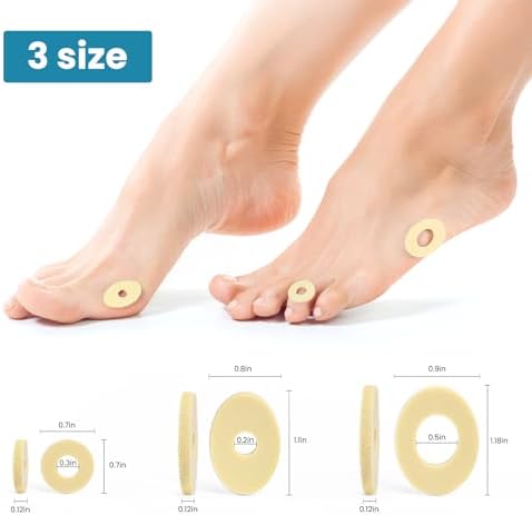 Self-stick foam callus pads in various sizes for targeted toe protection.
