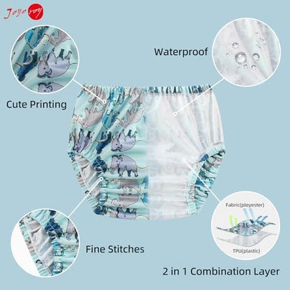 Joyo Roy waterproof plastic diaper covers for toddler boys spread out to display all four unique patterns.
