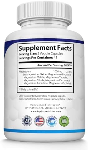 Toplux Magnesium Complex supplement facts panel detailing eight elemental mineral forms