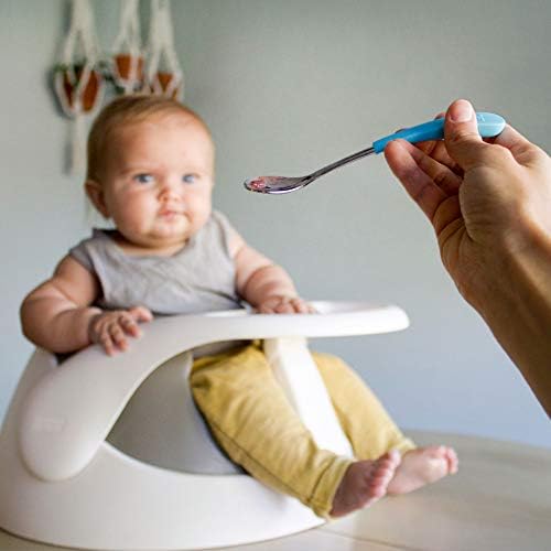 Ergonomic long handles of Avanchy baby feeding utensils for comfortable parental grip