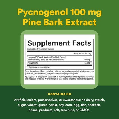 Authentic USA imported Natural Factors Pycnogenol bottle showing vegetarian non-GMO certification seals