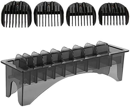 Rectangular hair clipper limit guard organizer loaded with ten clipper combs for barber use