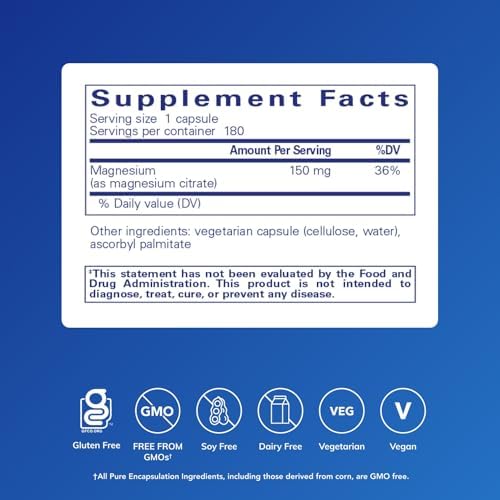 Pure Encapsulations highly bioavailable magnesium chelate supplement bottle label with detailed nutritional information.