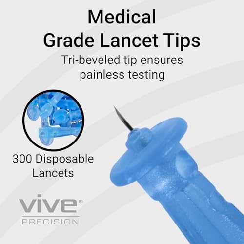 Close up view of Vive Precision 30 gauge sterile single use disposable finger pricker needle with protective cap