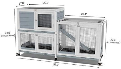 GDLF Two Floors 58" Wooden Indoor Bunny Hutch Rabbit Cage on Wheels Guinea Pig PET House for Small to Medium Animals Waterproof No Leak Tray - Image 3