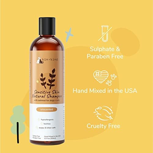Kin+Kind twelve fluid ounce pet shampoo bottle next to packaging