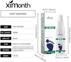 Close up of clear foot sanitizer spray bottle packaging details and directions