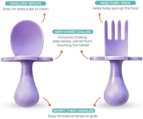 Close up of Grabease baby spoon with choke protection barrier