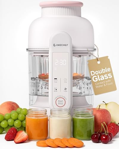 AMZCHEF 9-in-1 baby puree processor steaming freshly chopped carrots inside the glass container