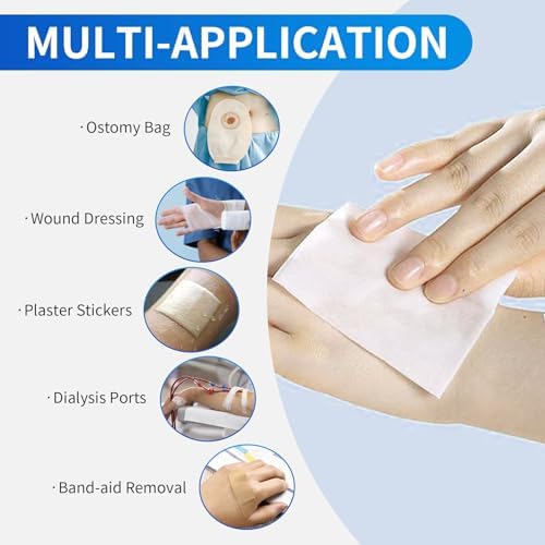Portable individually wrapped adhesive remover wipes for first aid kits.