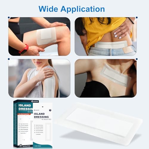 Ceeport four by ten inch island dressing pack showing the dimensions of the large central non adherent cotton pad over a surgical wound.
