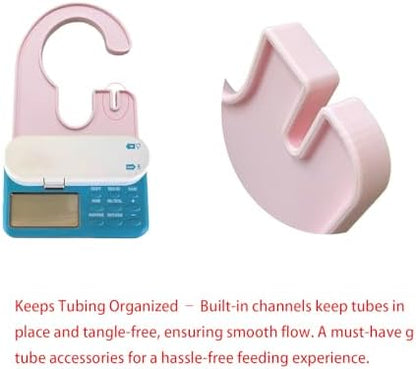 Side view of feeding pump holder showing bag hook and tubing channels.