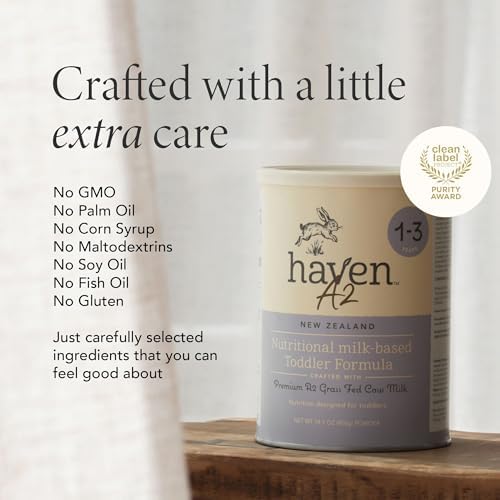 Haven A2 Toddler Milk Powder close-up of ingredient list and non-GMO certification label