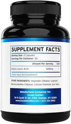 Dorado Nutrition ALA 600mg supplement facts label showing serving size