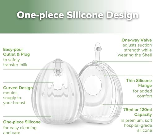 The seventy-five milliliter capacity silicone breast shell resting upright on its flat bottom base