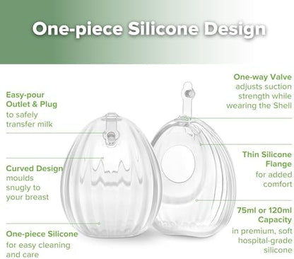 The seventy-five milliliter capacity silicone breast shell resting upright on its flat bottom base