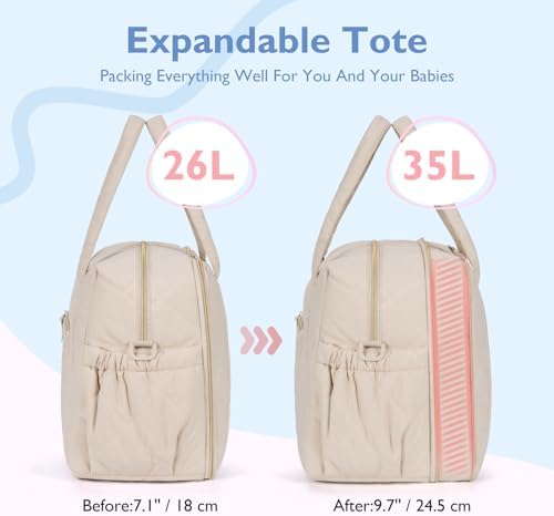 Mommore Diaper Bag Tote side angle showing expandable zipper compartment