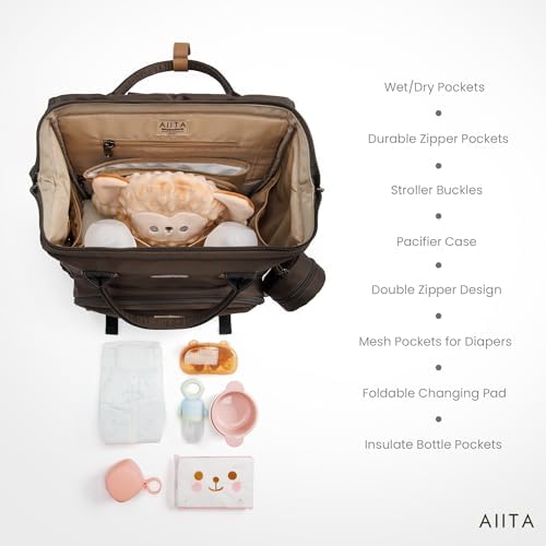 AIITA multifunction maternity bag wide open showing insulated bottle compartments and spacious interior pockets.