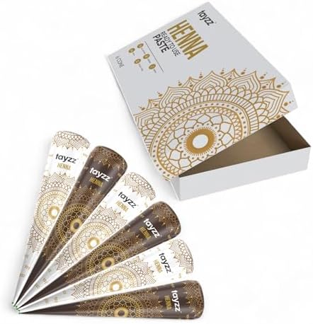 Six pack of reddish brown chemical free henna cones for spot hair coloring