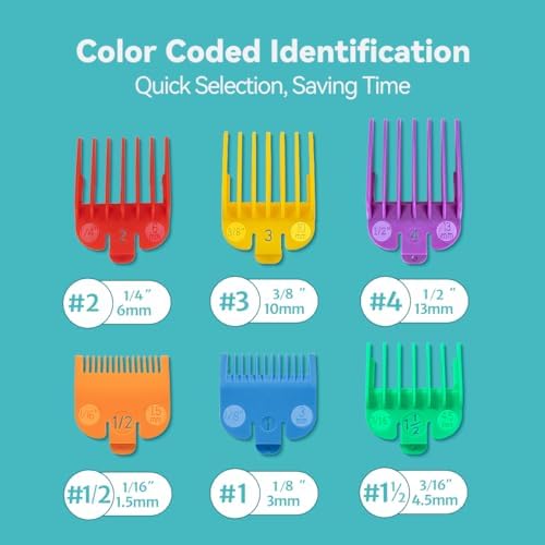 Six piece clipper guide set arranged neatly by size from one-sixteenth inch to one-half inch