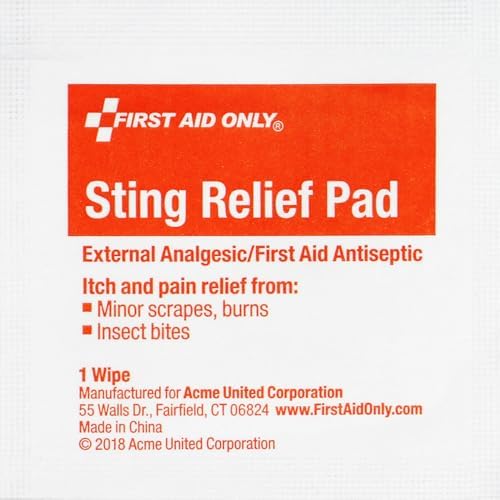 Compact first aid kit refill box showing sting relief pad application for outdoors.