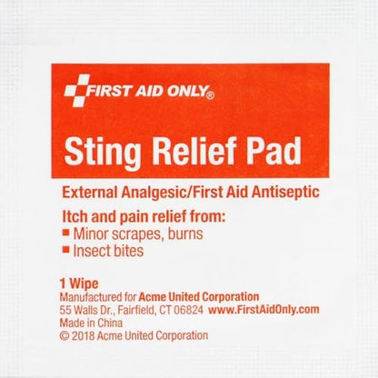Compact first aid kit refill box showing sting relief pad application for outdoors.