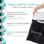 PurePail Go white travel diaper bin with included travel case