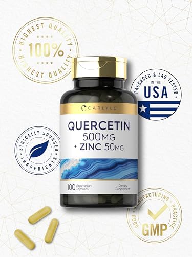 Side profile of Carlyle Quercetin immune support supplement bottle