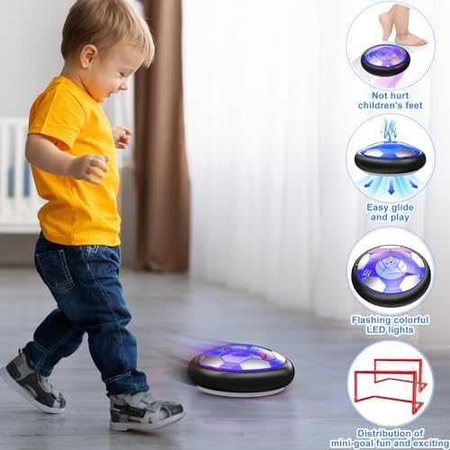 Rechargeable air powered floating football toy gliding on hardwood floor surface